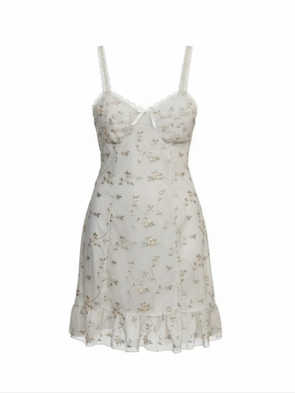 Cottagecore Fairy Ivory Mesh Embroidered Floral Cami Dress 6 Medium
